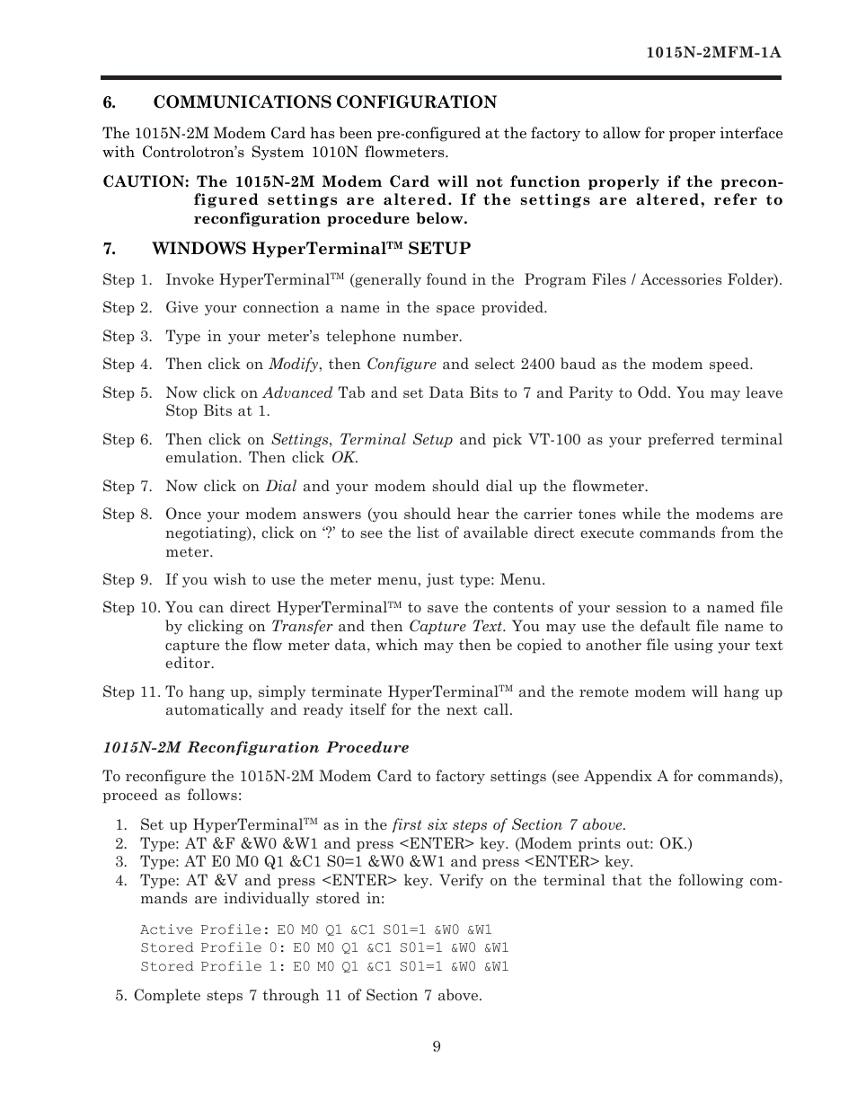 Communications configuration, Windows hyperterminal setup, 1015n-2m reconfiguration procedure | Siemens 1015N-2MFM-1A User Manual | Page 13 / 25