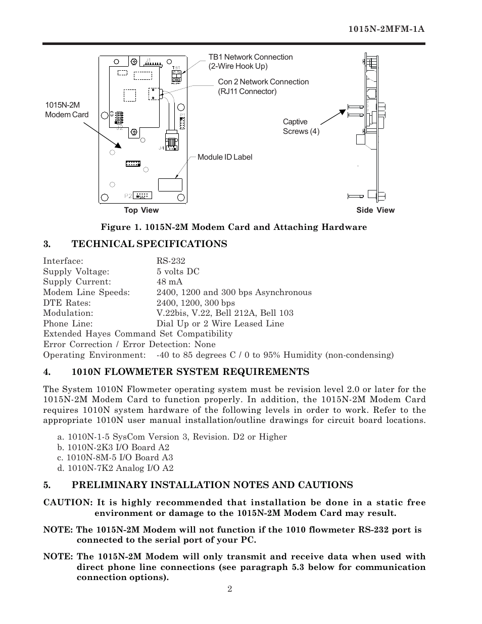 Technical specifications, 1010n flowmeter system requirements, Preliminary installation notes and cautions | Siemens 1015N-2MFM-1A User Manual | Page 6 / 25