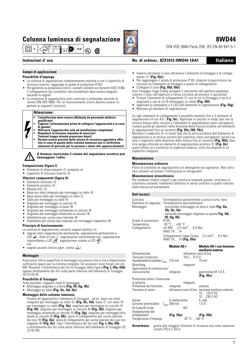 Colonna luminosa di segnalazione 8wd44, Italiano | Siemens 8WD44 User Manual | Page 5 / 8