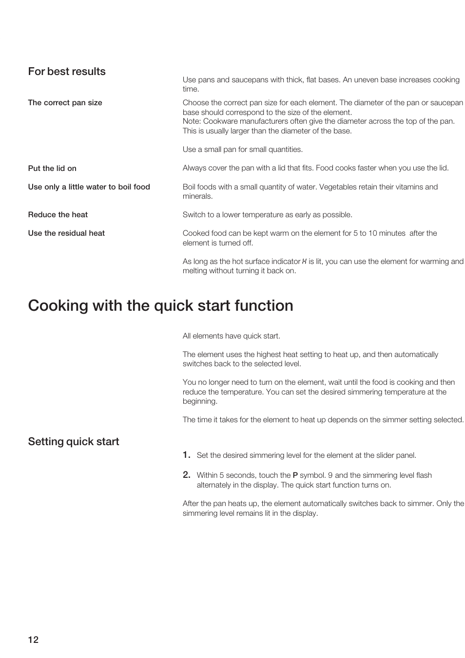 Cooking with the quick start function, For best results, Setting quick start | Siemens ET 77..UC User Manual | Page 12 / 60