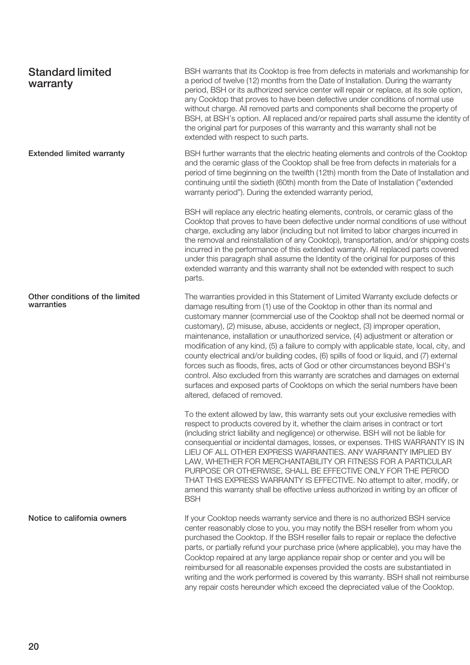 Standard limited warranty | Siemens ET 77..UC User Manual | Page 20 / 60