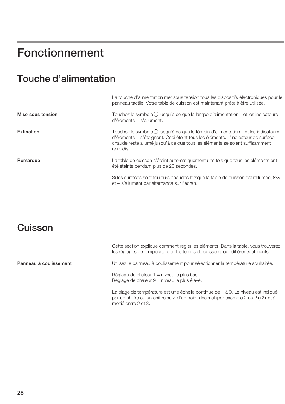 Fonctionnement, Touche d'alimentation, Cuisson | Siemens ET 77..UC User Manual | Page 28 / 60