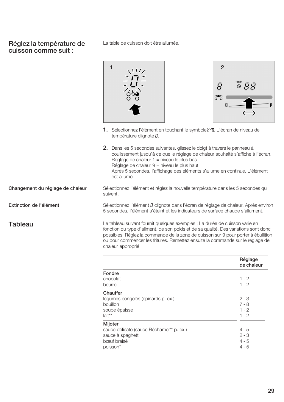 Réglez la température de cuisson comme suit, Tableau | Siemens ET 77..UC User Manual | Page 29 / 60