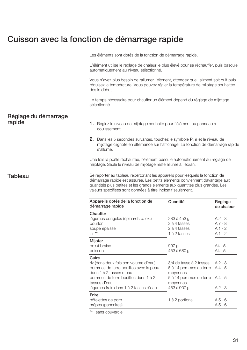 Cuisson avec la fonction de démarrage rapide, Réglage du démarrage rapide tableau | Siemens ET 77..UC User Manual | Page 31 / 60