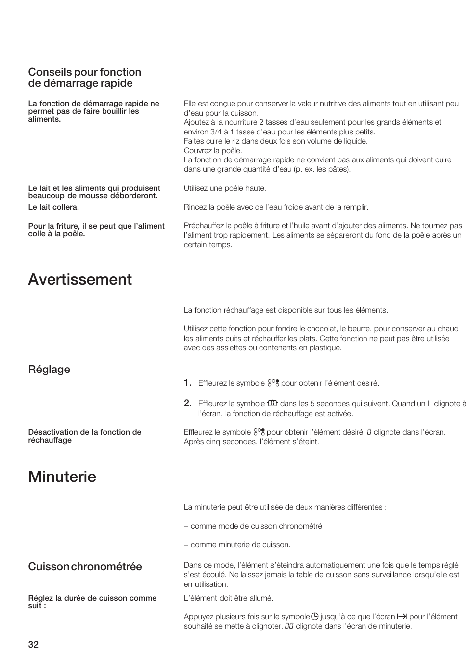 Avertissement, Minuterie, Conseils pour fonction de démarrage rapide | Réglage, Cuisson chronométrée | Siemens ET 77..UC User Manual | Page 32 / 60