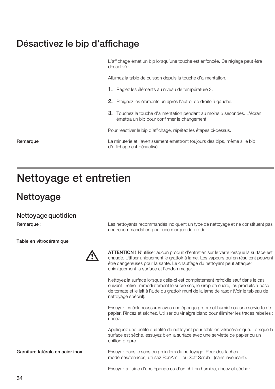 Nettoyage et entretien, Désactivez le bip d'affichage, Nettoyage | Siemens ET 77..UC User Manual | Page 34 / 60