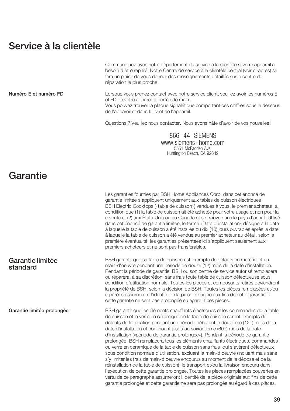 Service à la clientèle, Garantie, Garantie limitée standard | Siemens ET 77..UC User Manual | Page 39 / 60