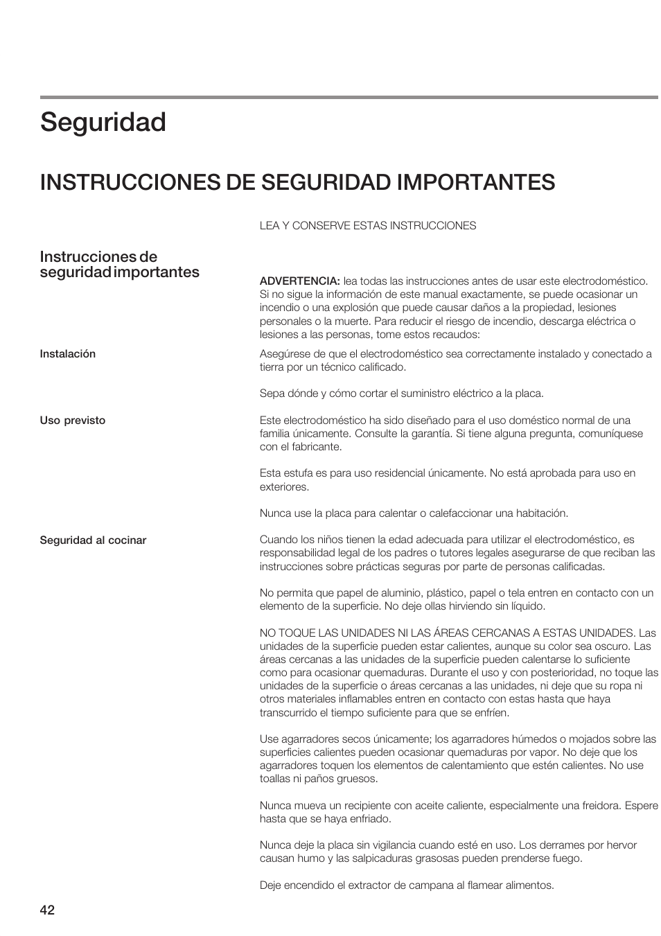 Seguridad, Instrucciones de seguridad importantes | Siemens ET 77..UC User Manual | Page 42 / 60