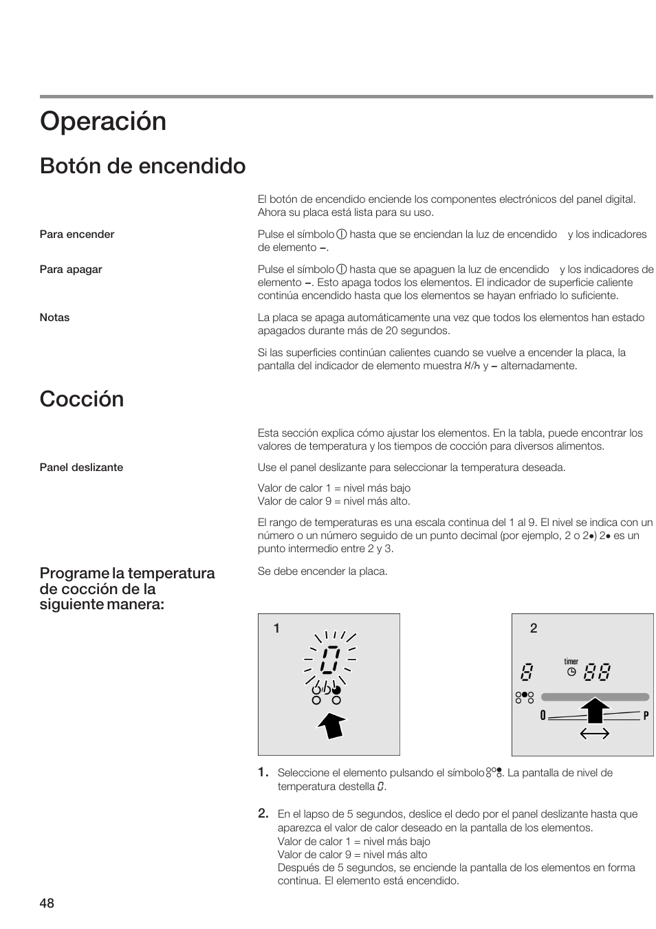 Operación, Botón de encendido, Cocción | Siemens ET 77..UC User Manual | Page 48 / 60