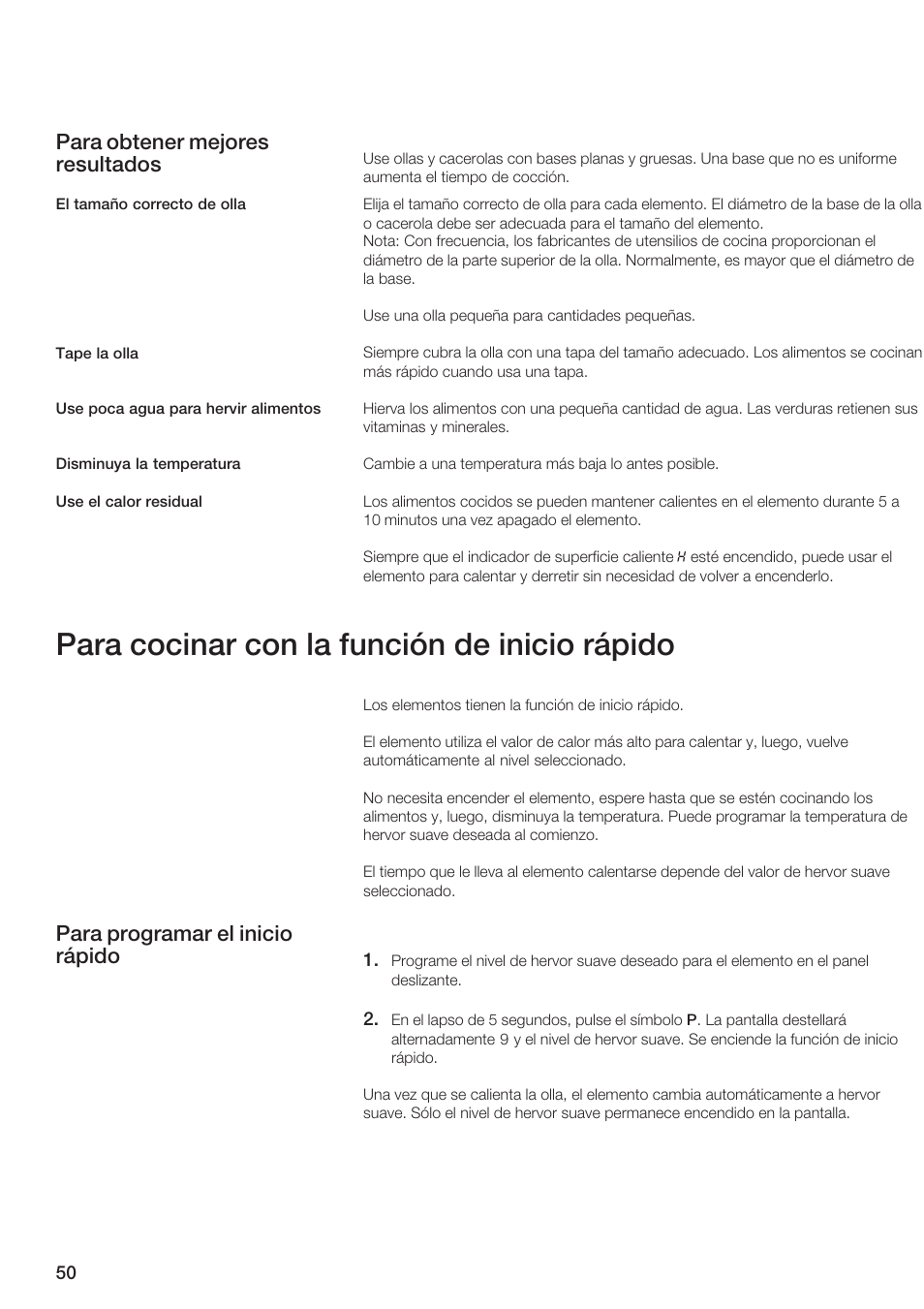 Para cocinar con la función de inicio rápido, Para obtener mejores resultados, Para programar el inicio rápido | Siemens ET 77..UC User Manual | Page 50 / 60