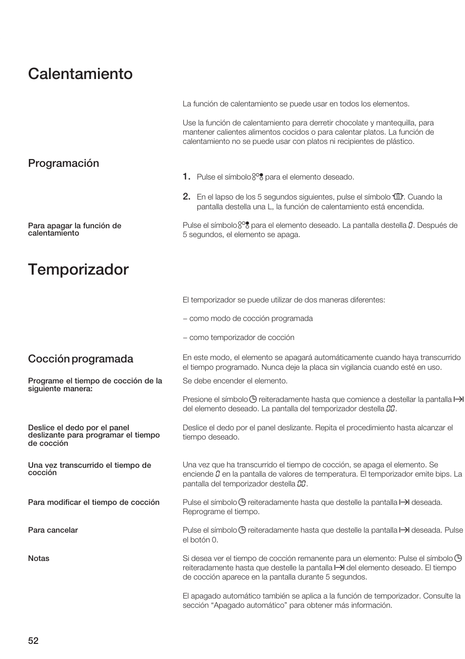 Calentamiento, Temporizador, Programación | Cocción programada | Siemens ET 77..UC User Manual | Page 52 / 60