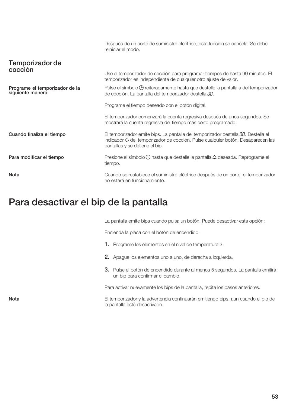 Para desactivar el bip de la pantalla, Temporizador de cocción | Siemens ET 77..UC User Manual | Page 53 / 60