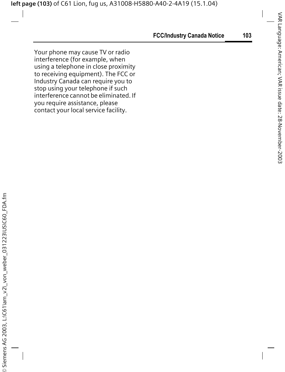 Fcc/industry canada notice | Siemens C61 User Manual | Page 104 / 116