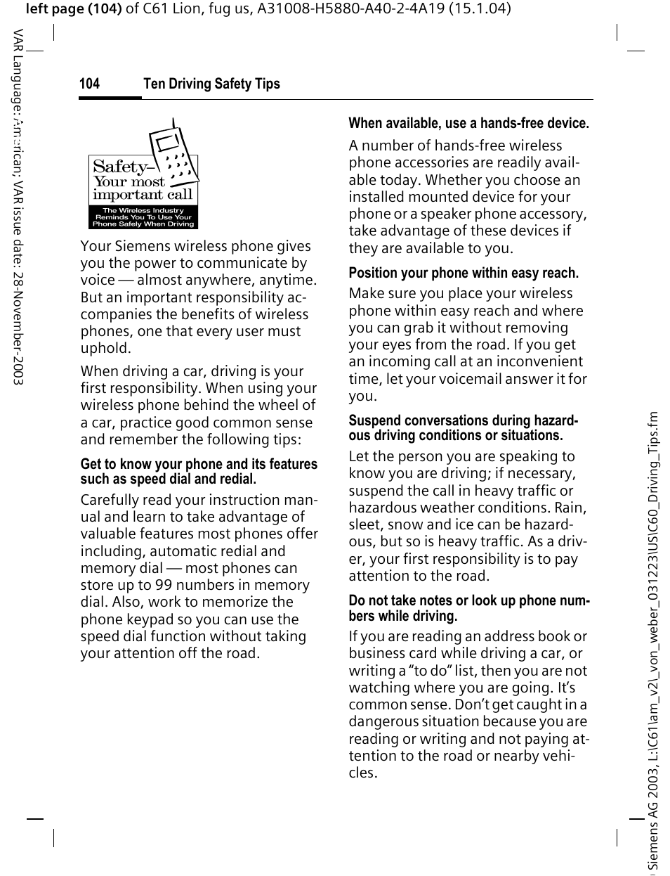 Ten driving safety tips | Siemens C61 User Manual | Page 105 / 116