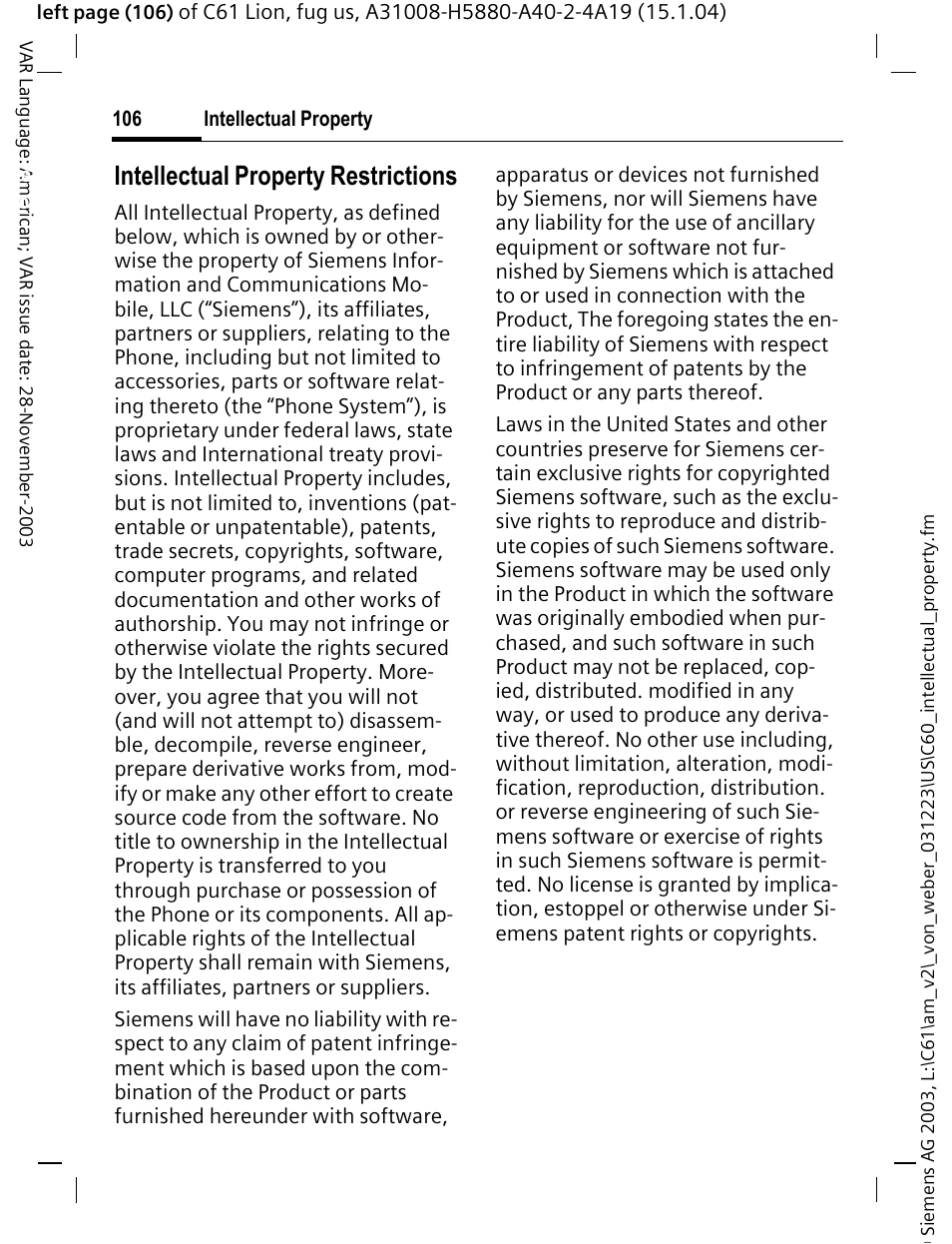 Intellectual property, Intellectual property restrictions | Siemens C61 User Manual | Page 107 / 116