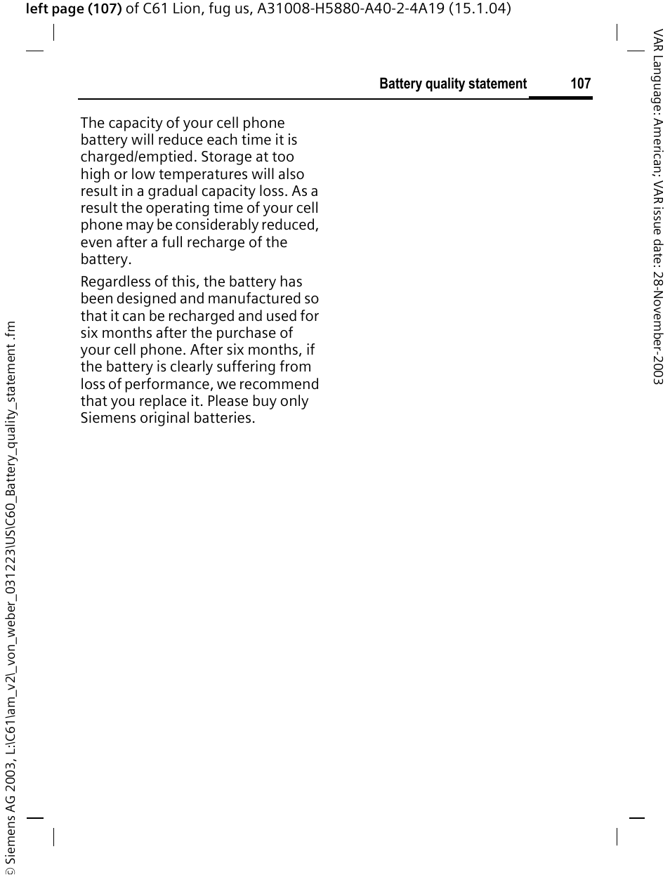 Battery quality statement | Siemens C61 User Manual | Page 108 / 116
