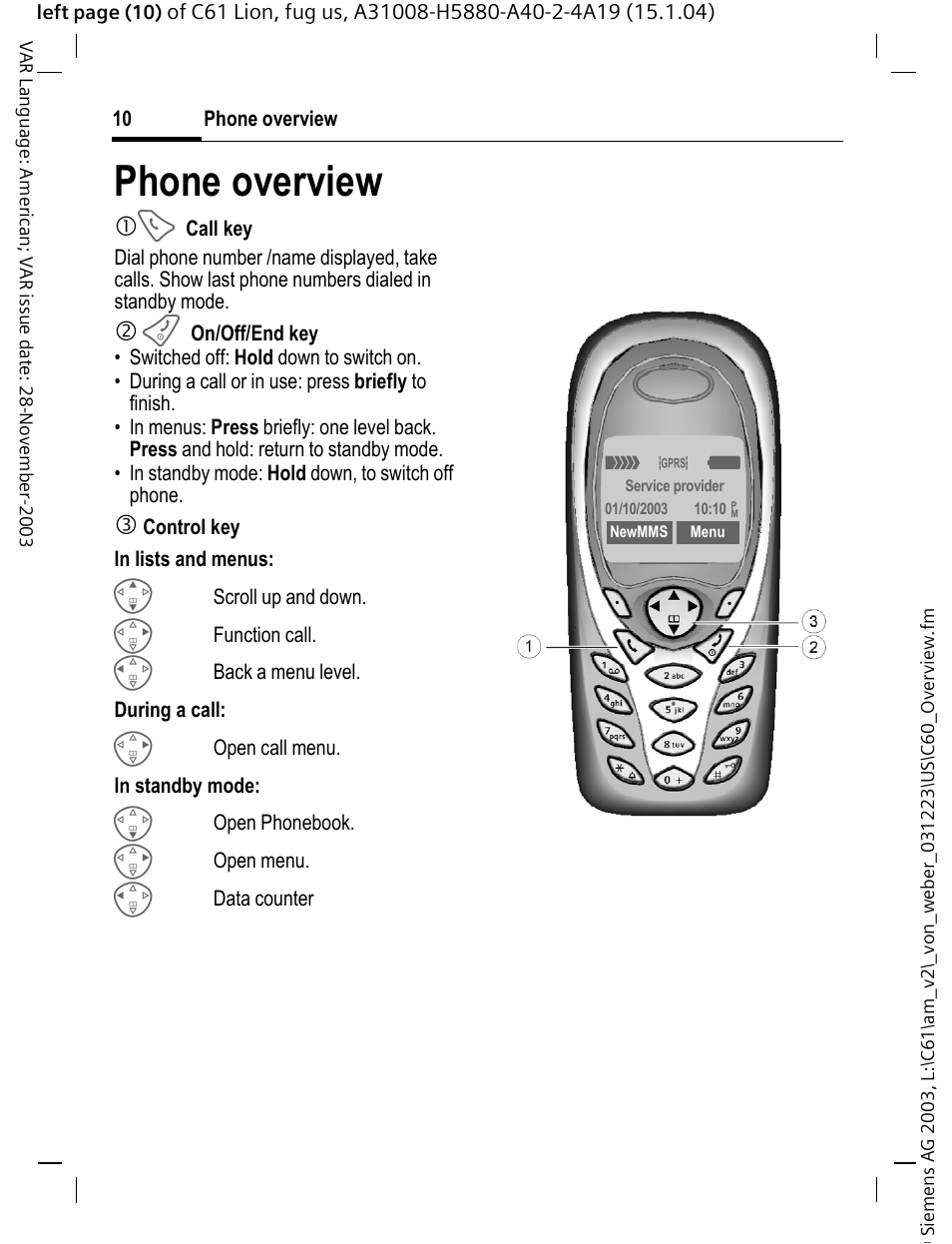 Phone overview | Siemens C61 User Manual | Page 11 / 116