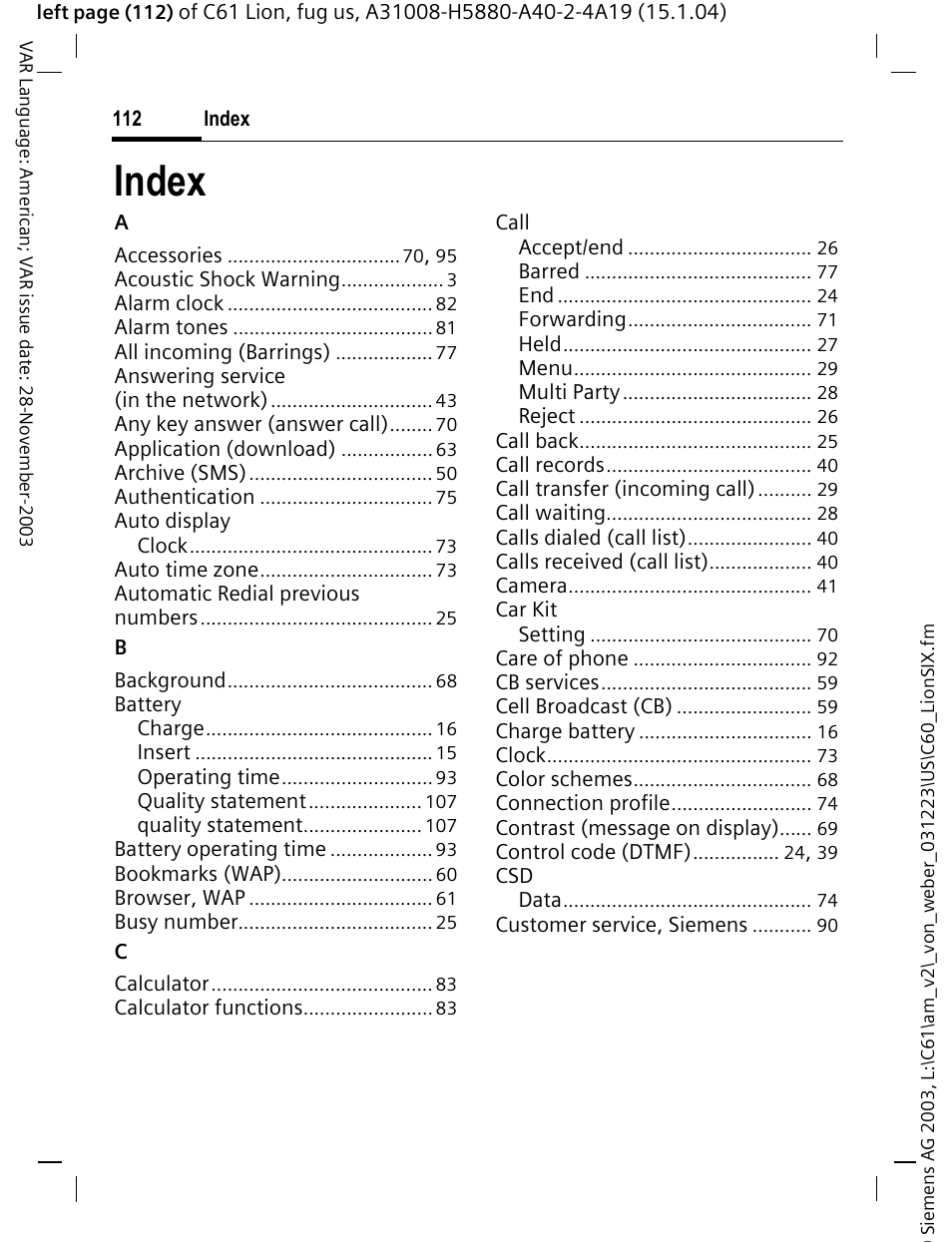 Index | Siemens C61 User Manual | Page 113 / 116