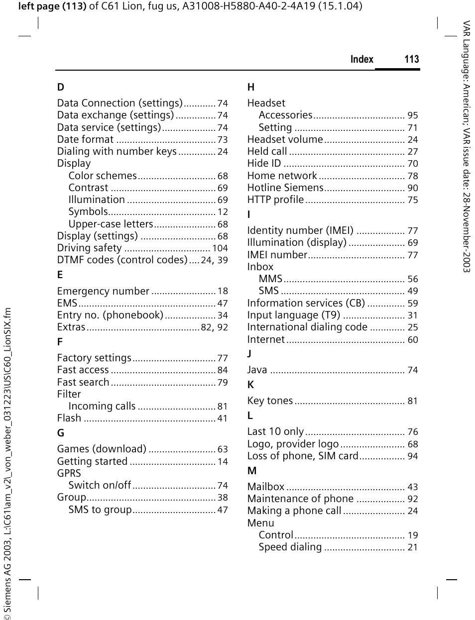 Siemens C61 User Manual | Page 114 / 116