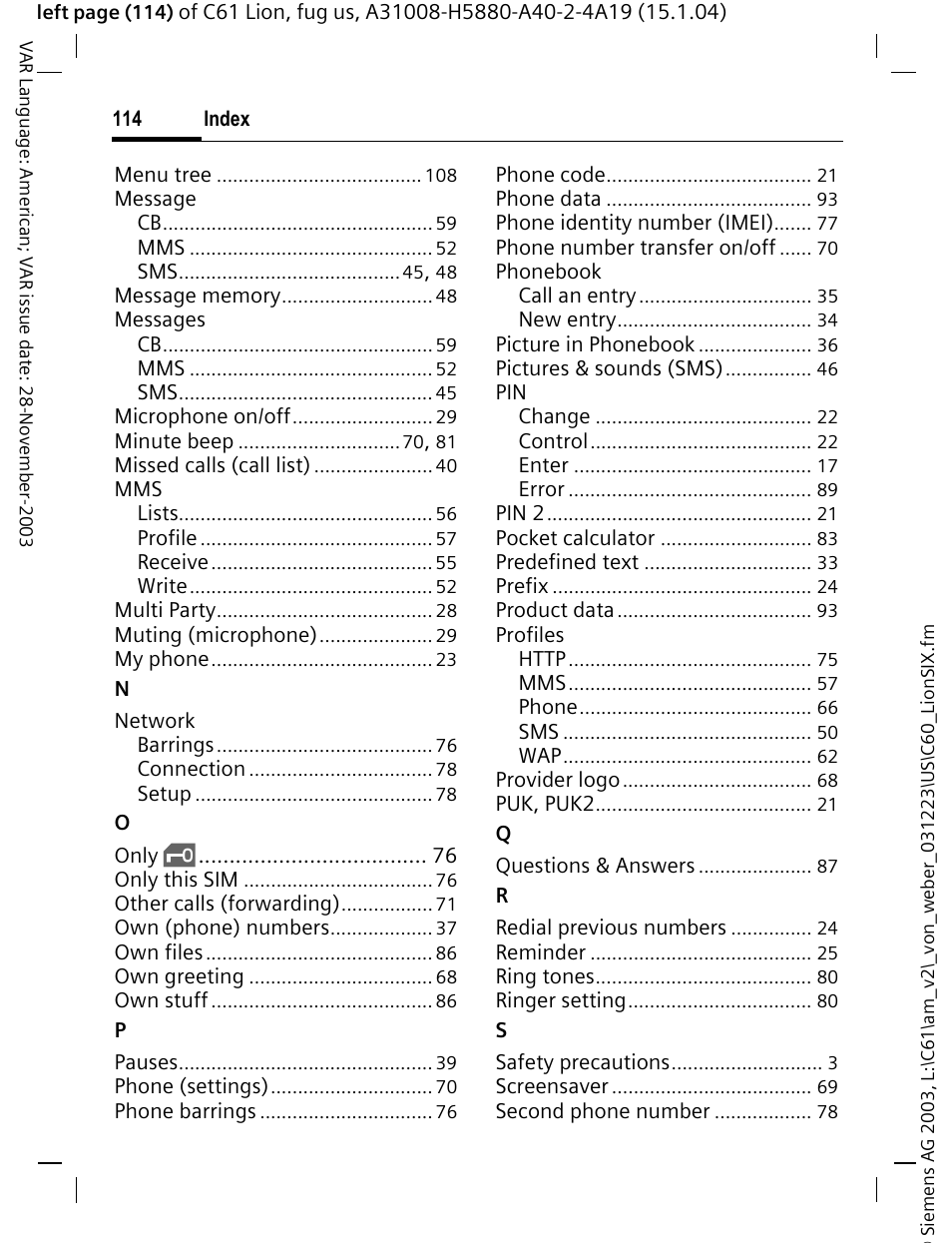 Siemens C61 User Manual | Page 115 / 116