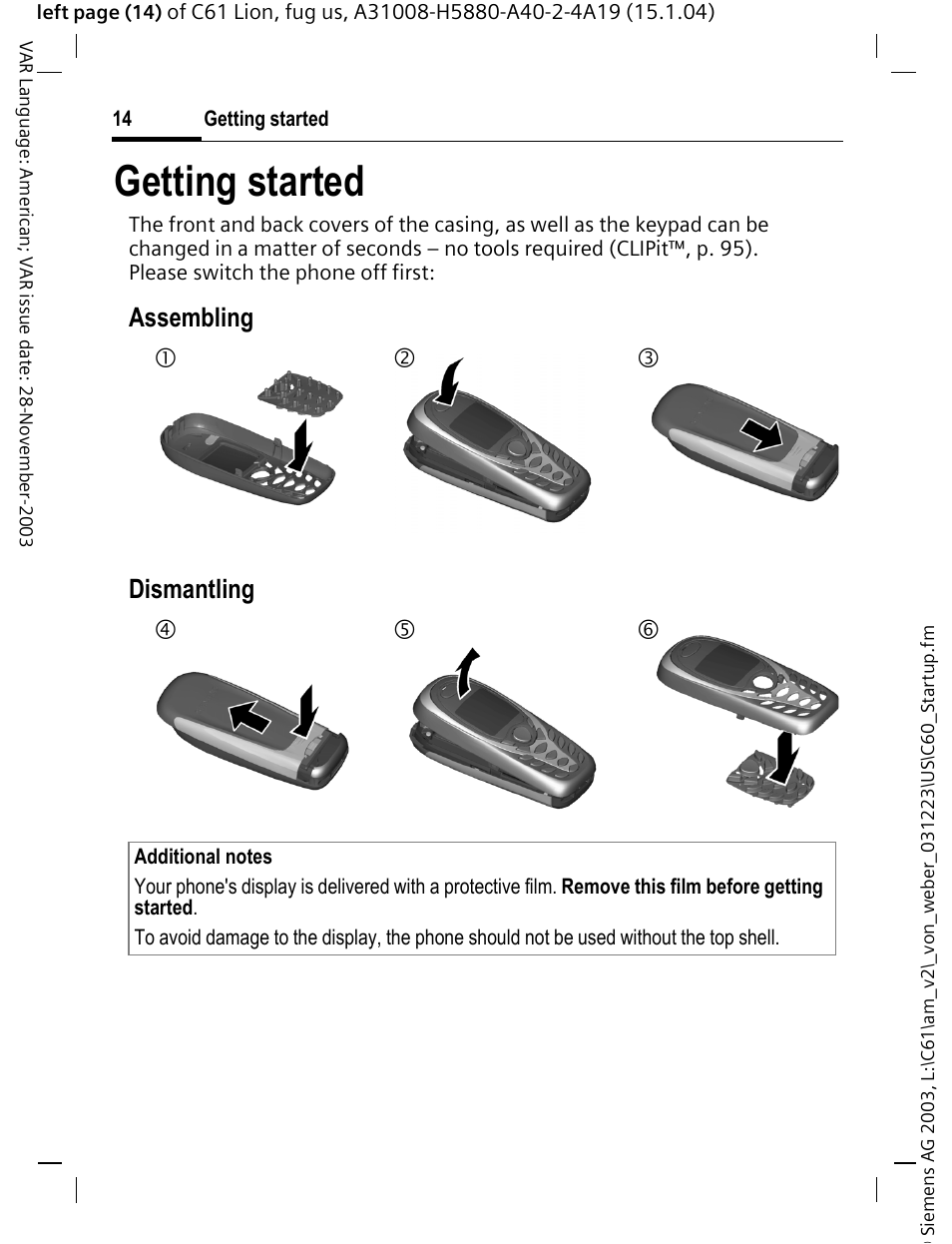 Getting started, Assembling dismantling | Siemens C61 User Manual | Page 15 / 116