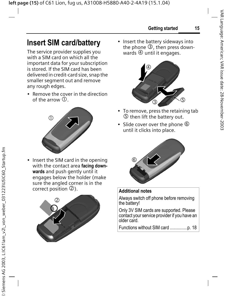 Insert sim card/battery | Siemens C61 User Manual | Page 16 / 116