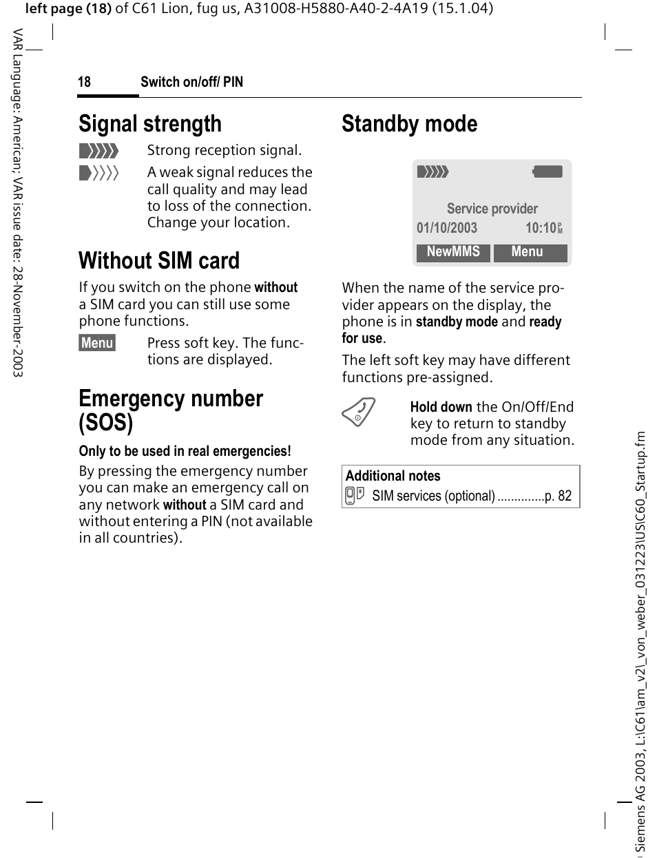 Without sim card, Standby mode, Signal strength | Emergency number (sos) | Siemens C61 User Manual | Page 19 / 116