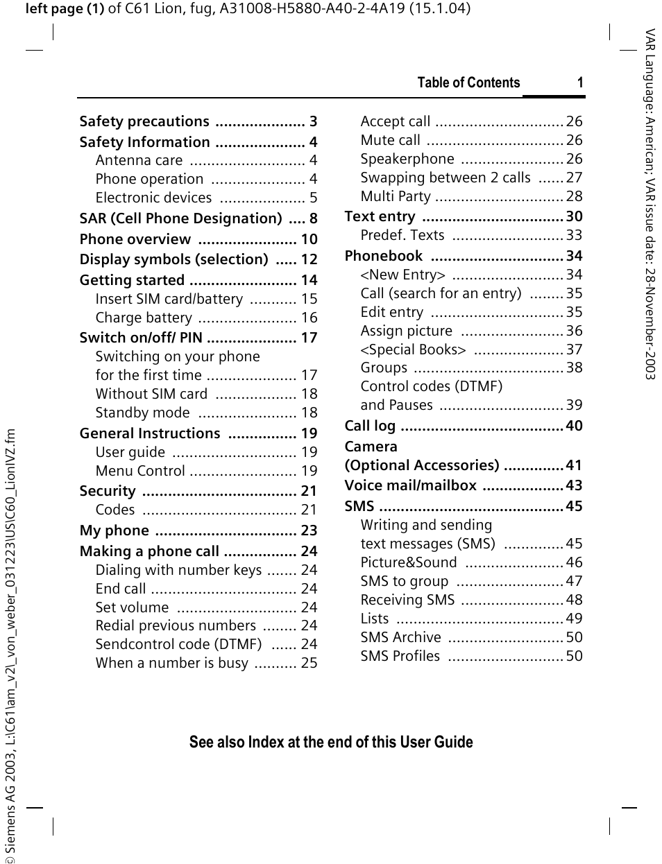 See also index at the end of this user guide | Siemens C61 User Manual | Page 2 / 116