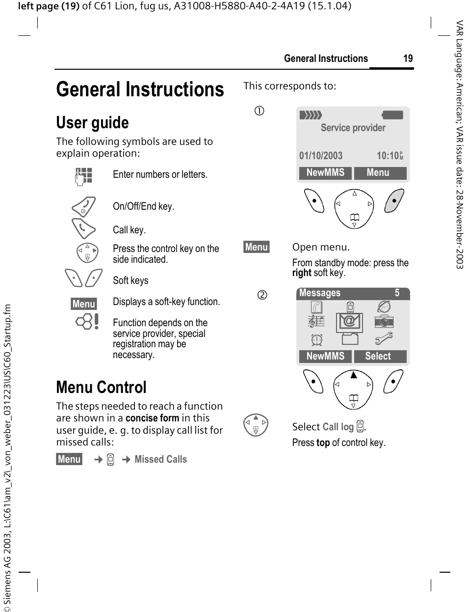 General instructions, User guide, Menu control | Siemens C61 User Manual | Page 20 / 116