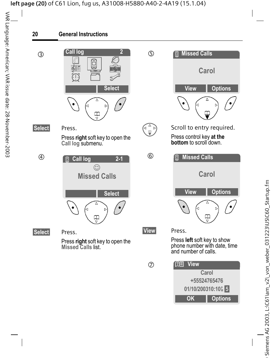 Missed calls, Carol | Siemens C61 User Manual | Page 21 / 116