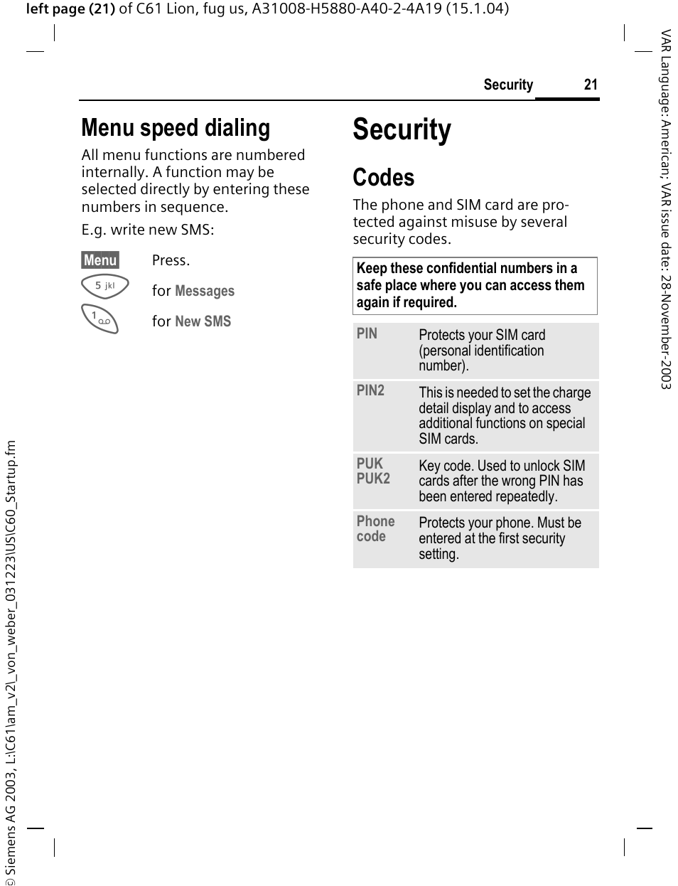 Security, Codes, Menu speed dialing | Siemens C61 User Manual | Page 22 / 116