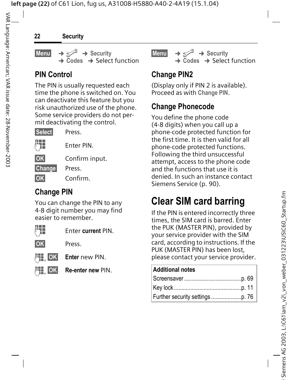 Clear sim card barring, Pin control, Change pin | Change pin2, Change phonecode | Siemens C61 User Manual | Page 23 / 116