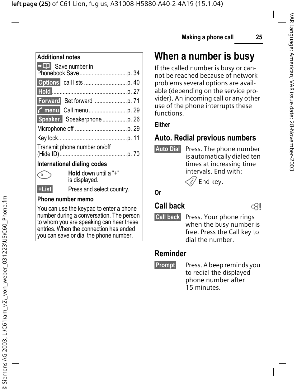 When a number is busy, Auto. redial previous numbers, Call back b | Reminder | Siemens C61 User Manual | Page 26 / 116