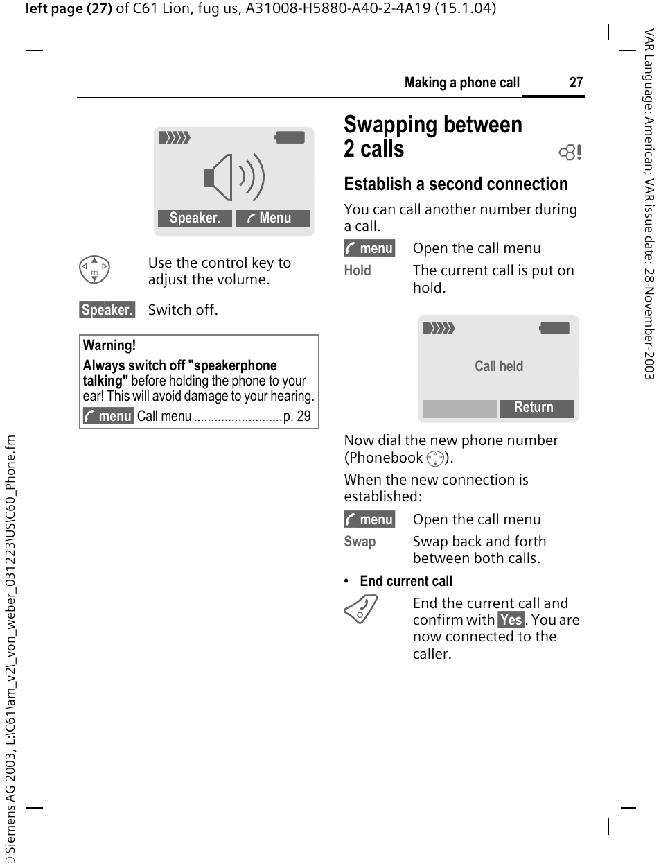 Swapping between 2calls b, Swapping between 2 calls, P. 27 | Bestablish a second connection | Siemens C61 User Manual | Page 28 / 116