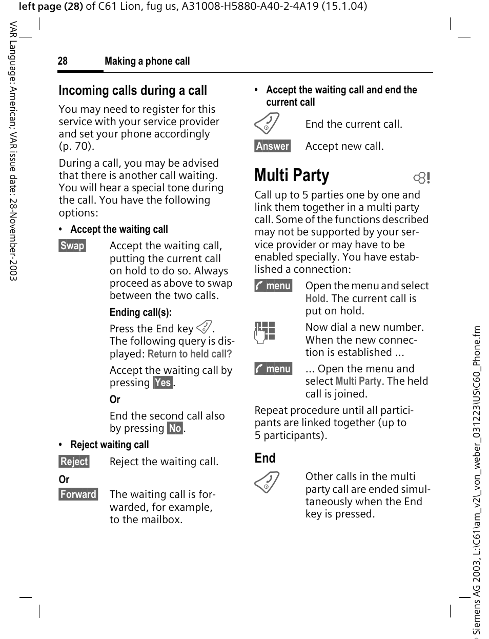 Multi party b, Multi party, Incoming calls during a call | Siemens C61 User Manual | Page 29 / 116