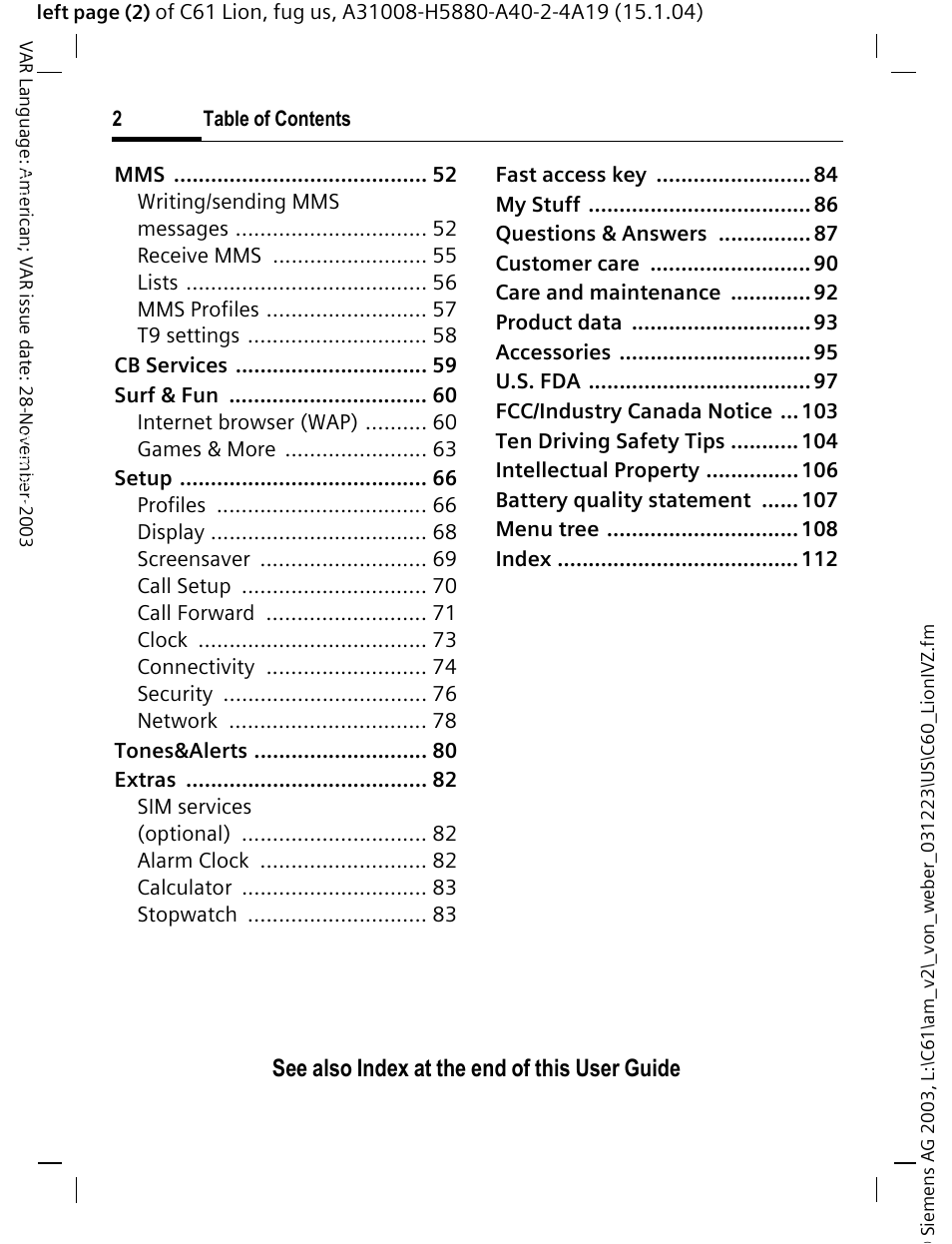 See also index at the end of this user guide | Siemens C61 User Manual | Page 3 / 116