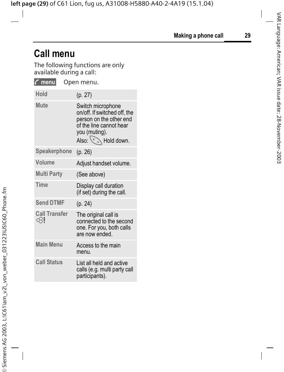 P. 29, Call menu | Siemens C61 User Manual | Page 30 / 116