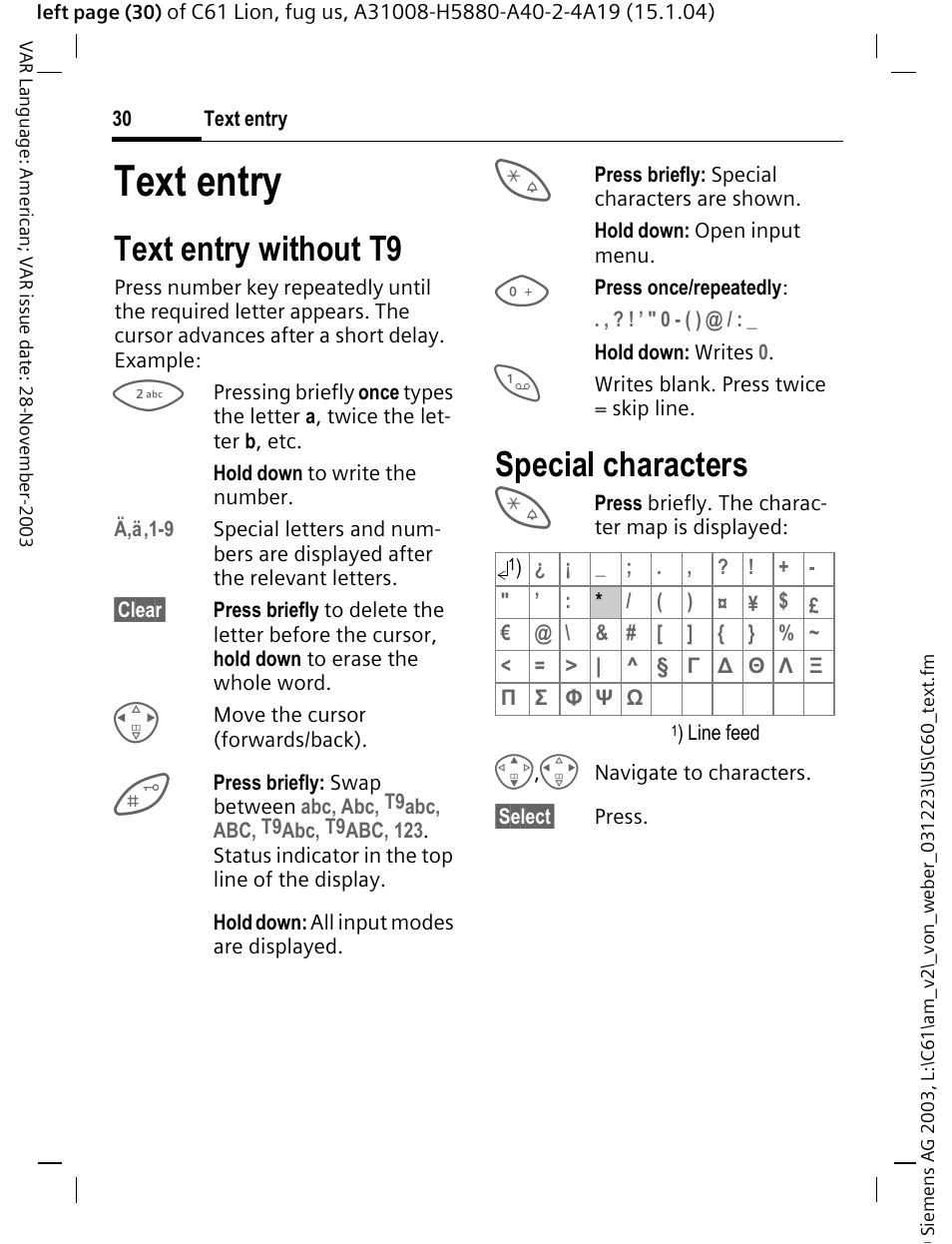 Text entry, Text entry without t9, Special characters | Siemens C61 User Manual | Page 31 / 116