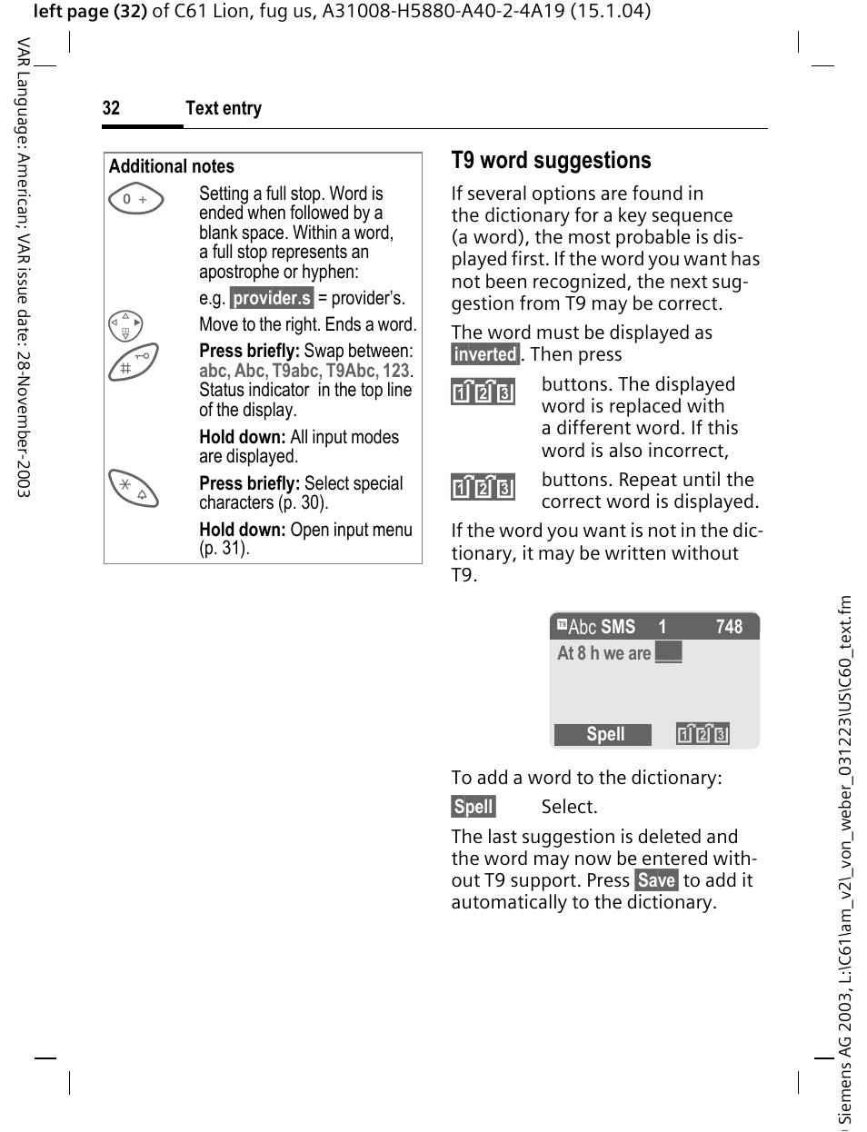 T9 word suggestions | Siemens C61 User Manual | Page 33 / 116