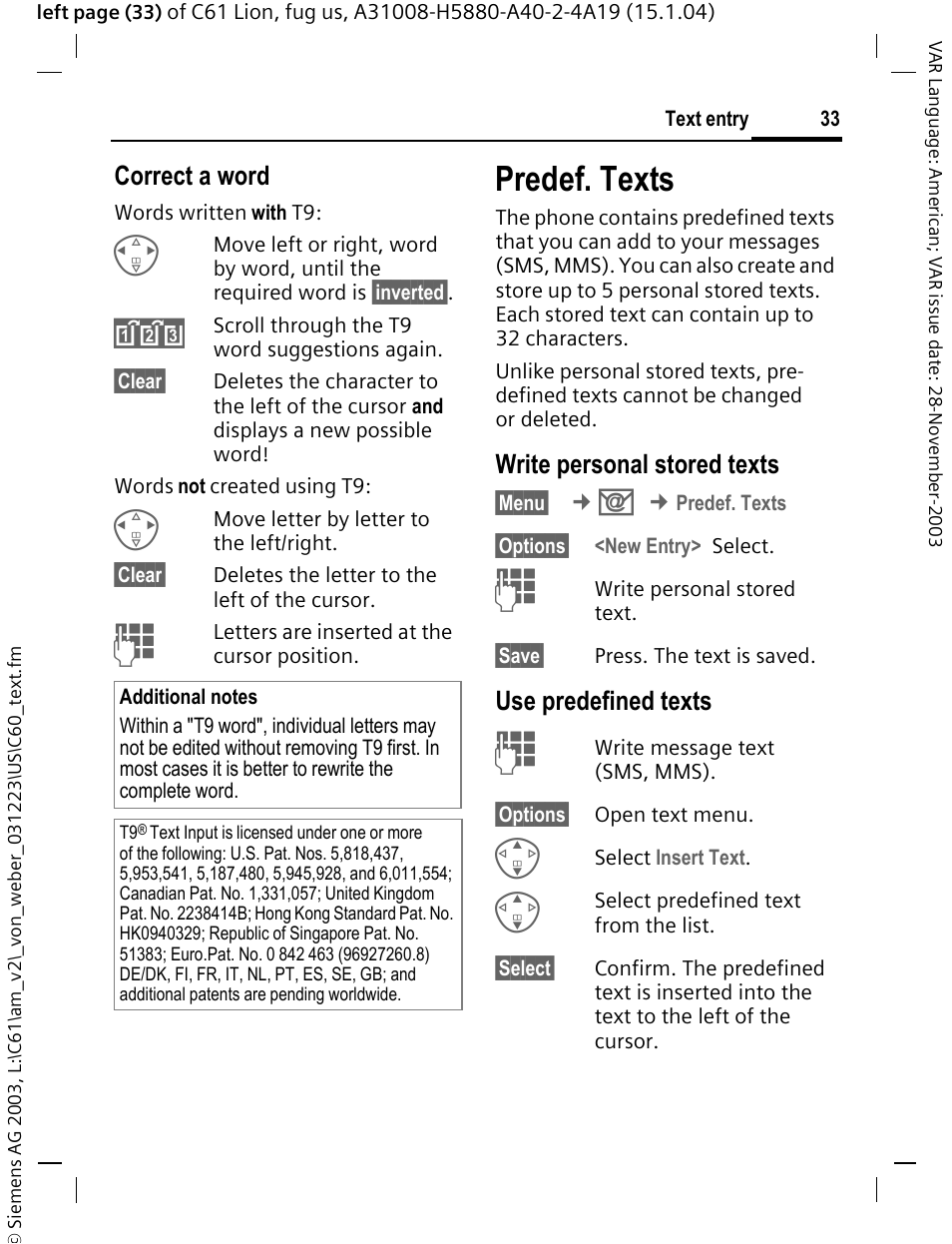 Predef. texts, Correct a word, Write personal stored texts | Use predefined texts | Siemens C61 User Manual | Page 34 / 116