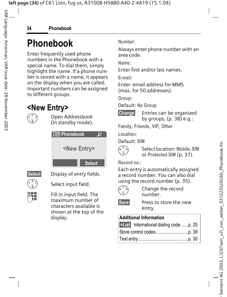 Phonebook, New entry, P. 34 | Siemens C61 User Manual | Page 35 / 116