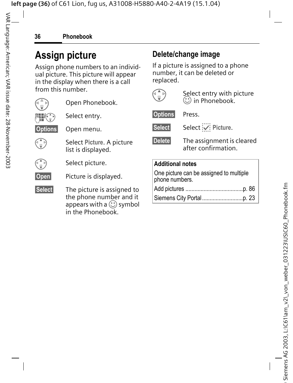 Assign picture, P. 36), Delete/change image | Siemens C61 User Manual | Page 37 / 116