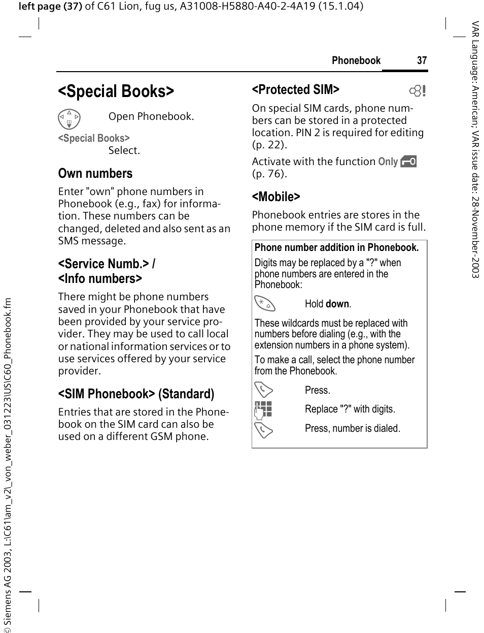 Special books, P. 37), Own numbers | Service numb.> / <info numbers, Sim phonebook> (standard), Protected sim> b, Mobile | Siemens C61 User Manual | Page 38 / 116