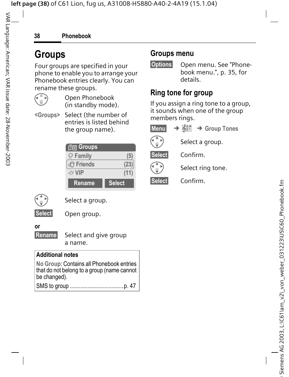 Groups, P. 38) e, Groups menu | Ring tone for group | Siemens C61 User Manual | Page 39 / 116