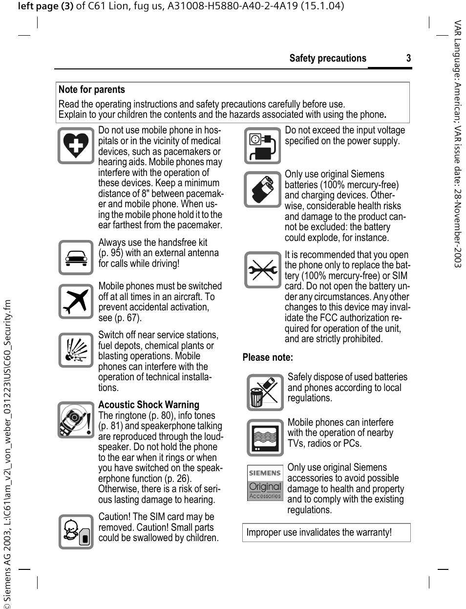 Safety precautions | Siemens C61 User Manual | Page 4 / 116