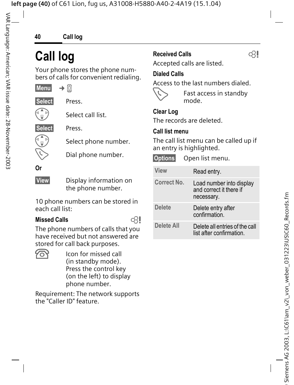 Call log, P. 40 | Siemens C61 User Manual | Page 41 / 116