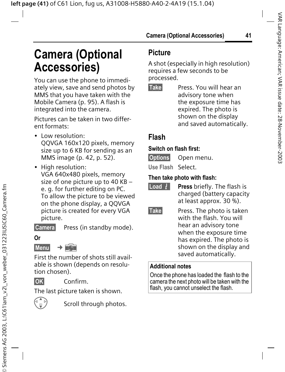 Camera (optional accessories), Picture, Flash | Siemens C61 User Manual | Page 42 / 116