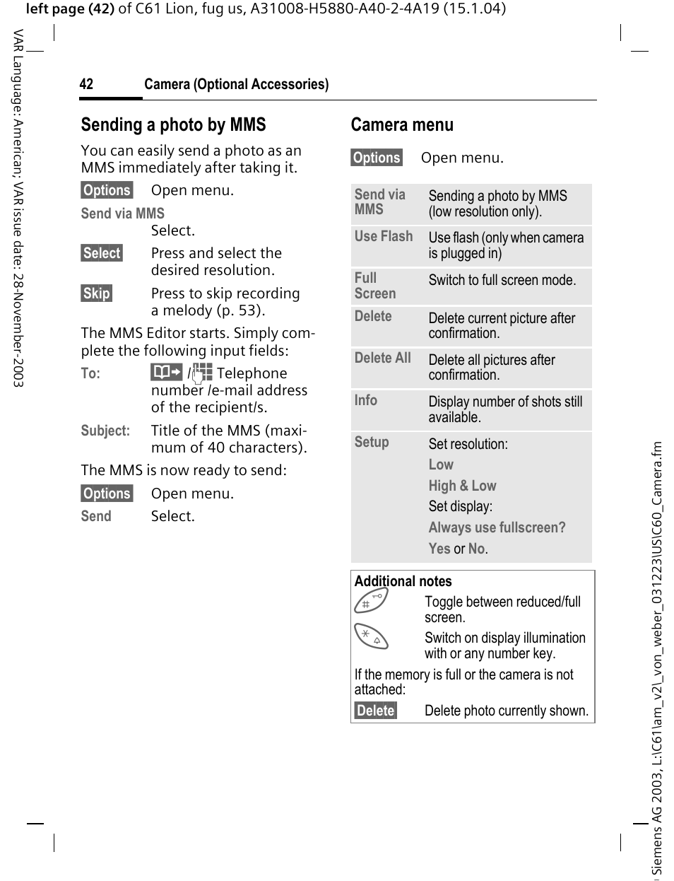 Sending a photo by mms, Camera menu | Siemens C61 User Manual | Page 43 / 116