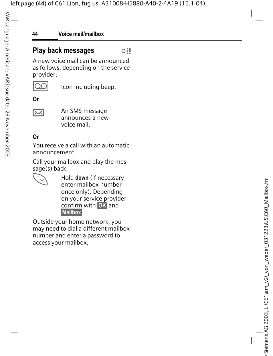 Play back messages b | Siemens C61 User Manual | Page 45 / 116