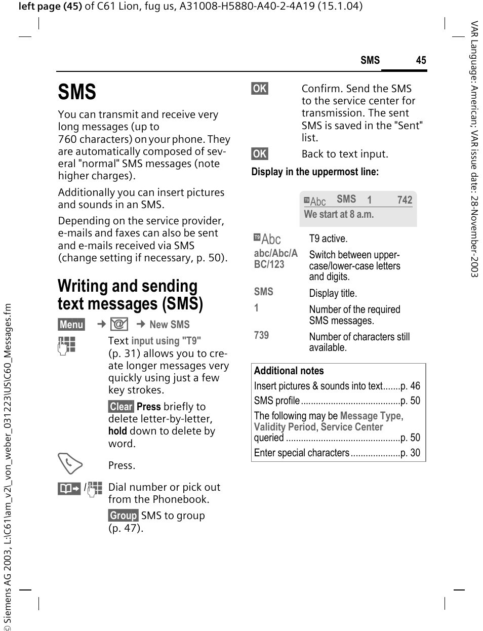 Writing and sending textmessages (sms), Writing and sending text messages (sms) | Siemens C61 User Manual | Page 46 / 116